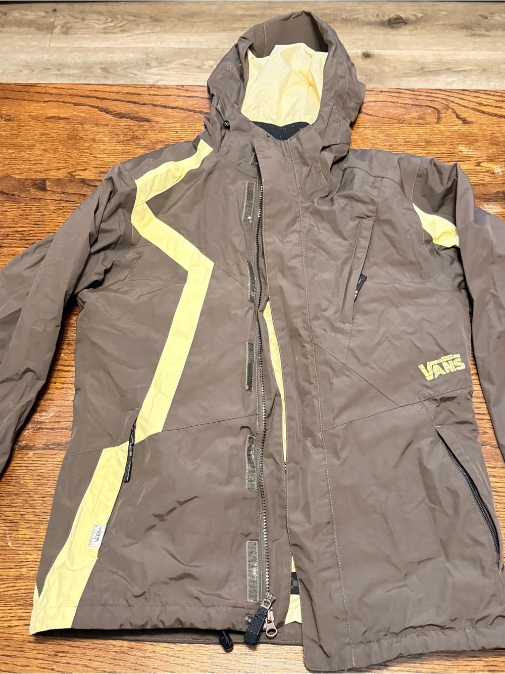 Vans Women's Brown Jacket with Yellow Accents Hooded Snow Jacket